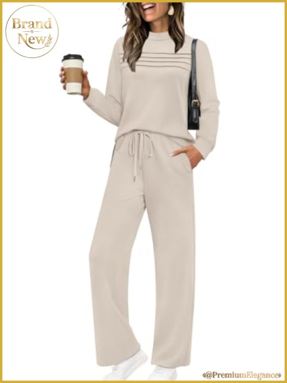 Two Piece Lounge Set Long Sleeve Top Wide Leg Crop Pants Side Slit